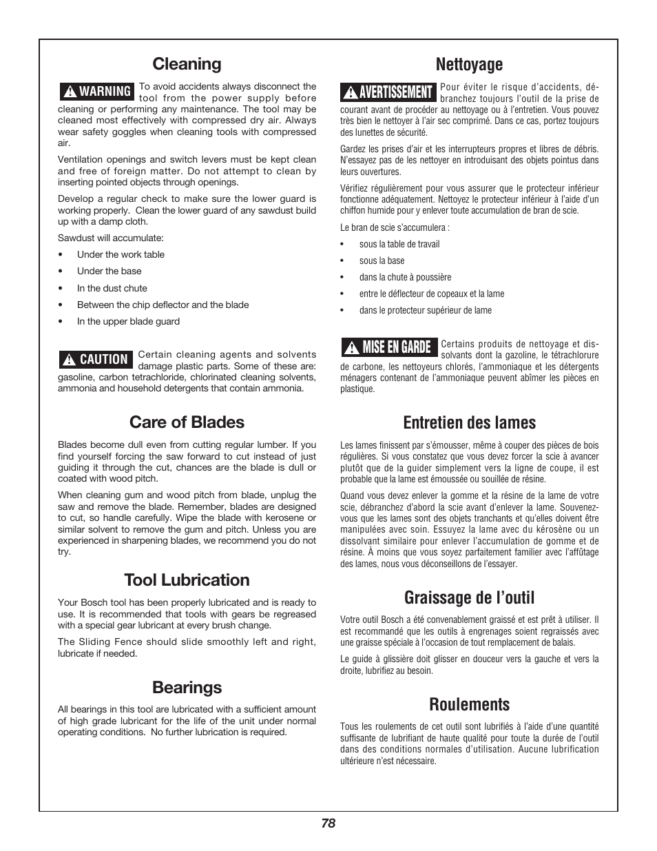 Cleaning, Care of blades, Tool lubrication | Bearings, Nettoyage, Entretien des lames, Graissage de l’outil, Roulements, Avertissement, Mise en garde | Bosch 3912 User Manual | Page 78 / 84