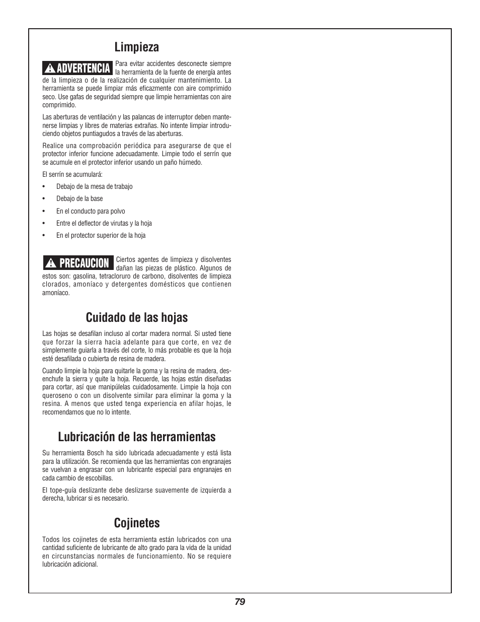 Limpieza, Cuidado de las hojas, Lubricación de las herramientas | Cojinetes, Advertencia, Precaucion | Bosch 3912 User Manual | Page 79 / 84