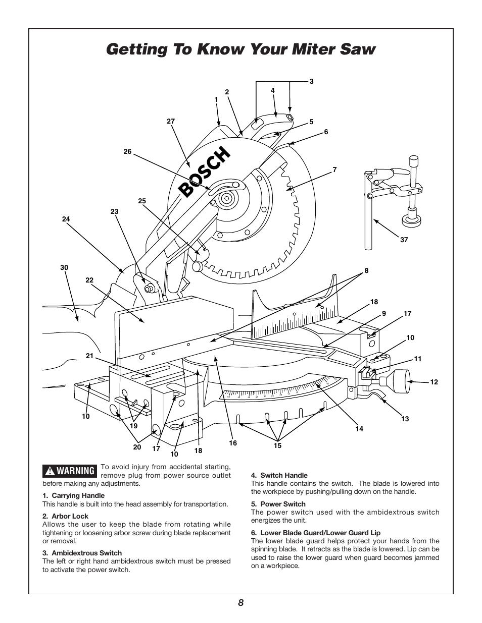 Getting to know your miter saw, Warning | Bosch 3912 User Manual | Page 8 / 84