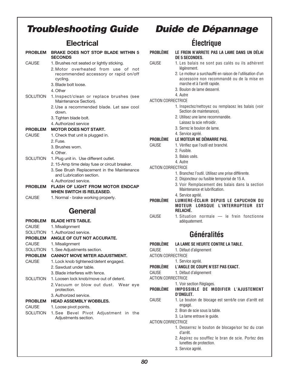 Troubleshooting guide, Duide de dépannage, Electrical | Électrique, General, Généralités | Bosch 3912 User Manual | Page 80 / 84