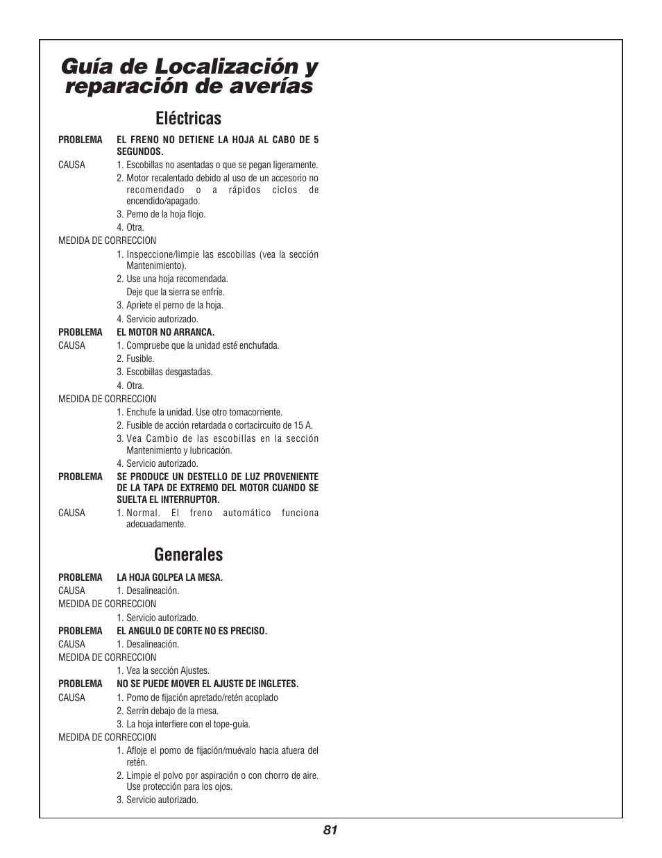 Guía de localización y reparación de averías, Eléctricas, Generales | Bosch 3912 User Manual | Page 81 / 84