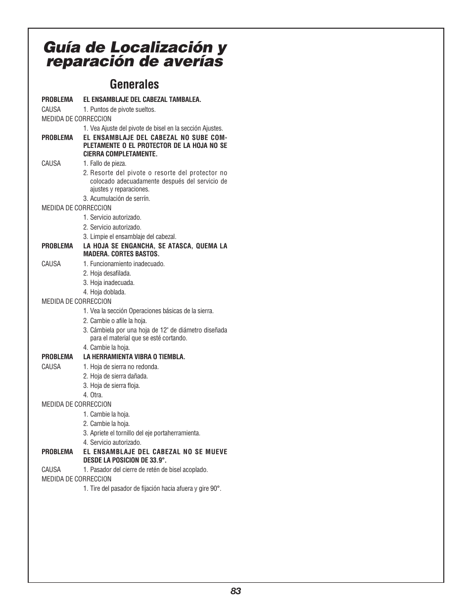 Guía de localización y reparación de averías, Generales | Bosch 3912 User Manual | Page 83 / 84