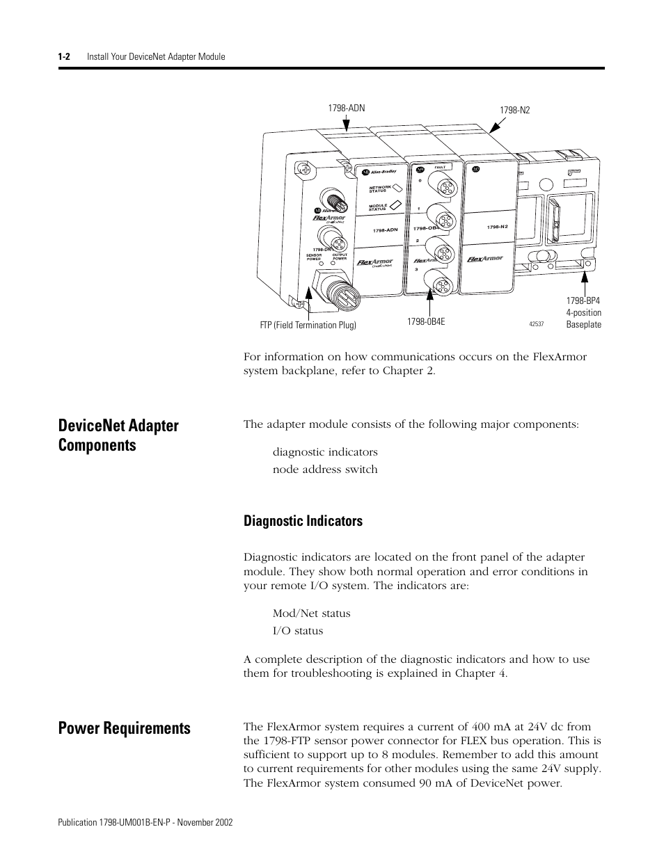 Devicenet adapter components, Power requirements, Diagnostic indicators | Rockwell Automation 1798-IB4 FlexArmor User Manual User Manual | Page 10 / 72