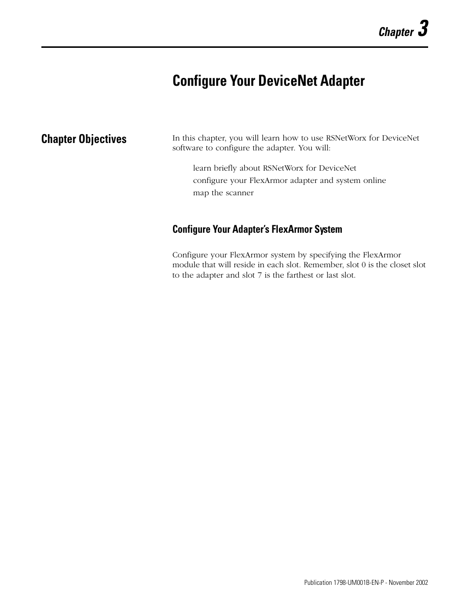 3 - configure your devicenet adapter, Chapter objectives, Configure your devicenet adapter | Chapter | Rockwell Automation 1798-IB4 FlexArmor User Manual User Manual | Page 29 / 72