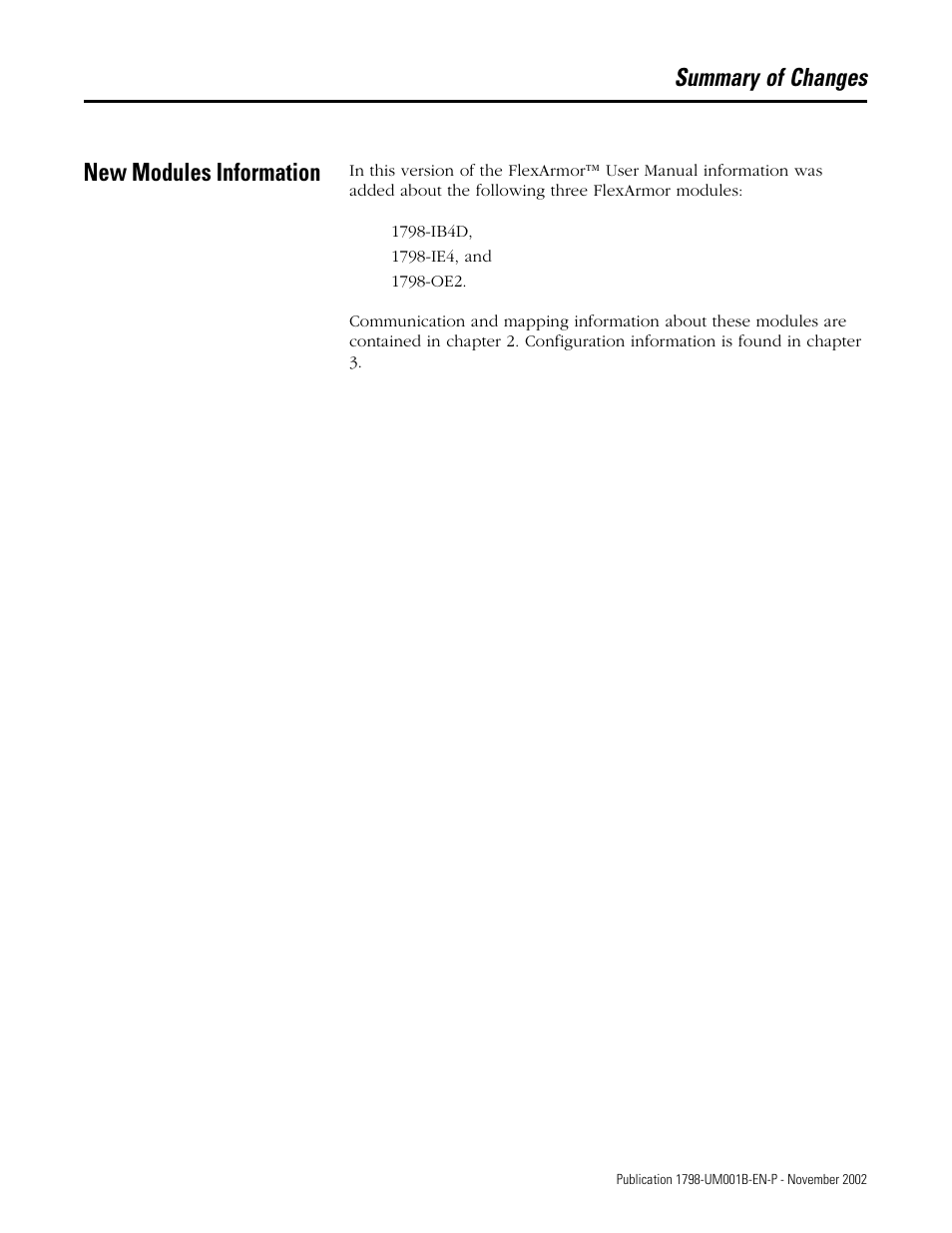 Summary of changes, New modules information | Rockwell Automation 1798-IB4 FlexArmor User Manual User Manual | Page 3 / 72