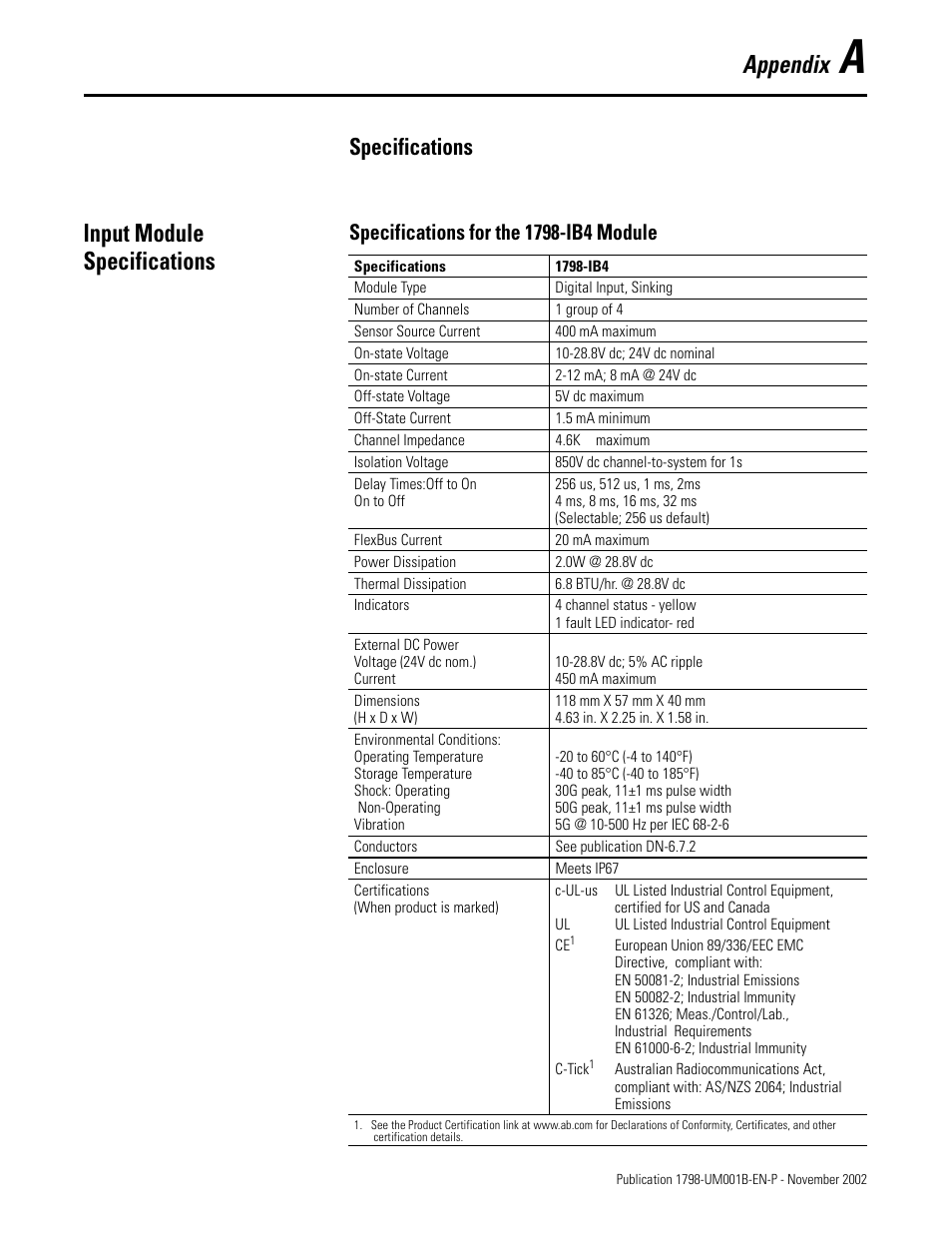 A - specifications, Input module specifications, Appendix | Specifications | Rockwell Automation 1798-IB4 FlexArmor User Manual User Manual | Page 53 / 72