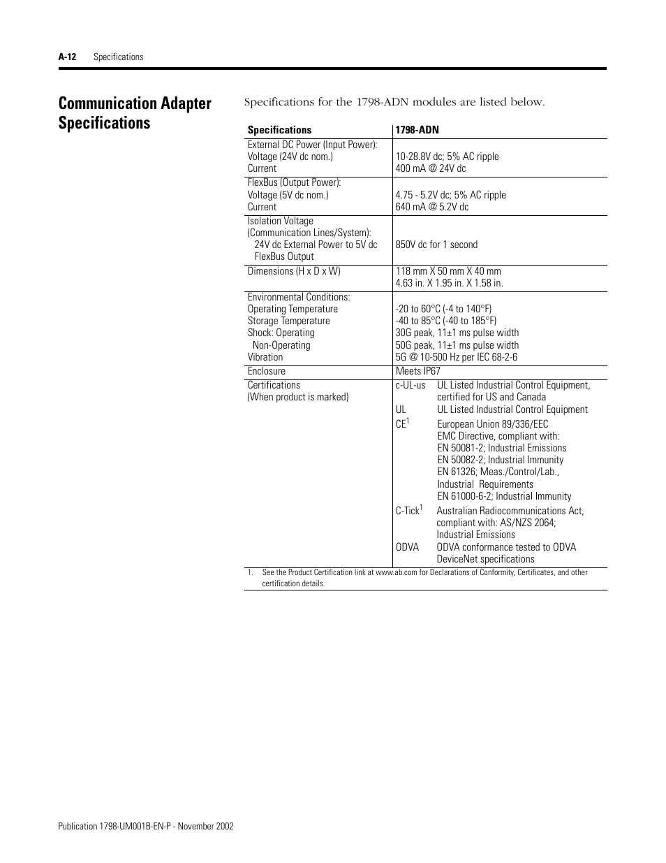 Communication adapter specifications | Rockwell Automation 1798-IB4 FlexArmor User Manual User Manual | Page 64 / 72