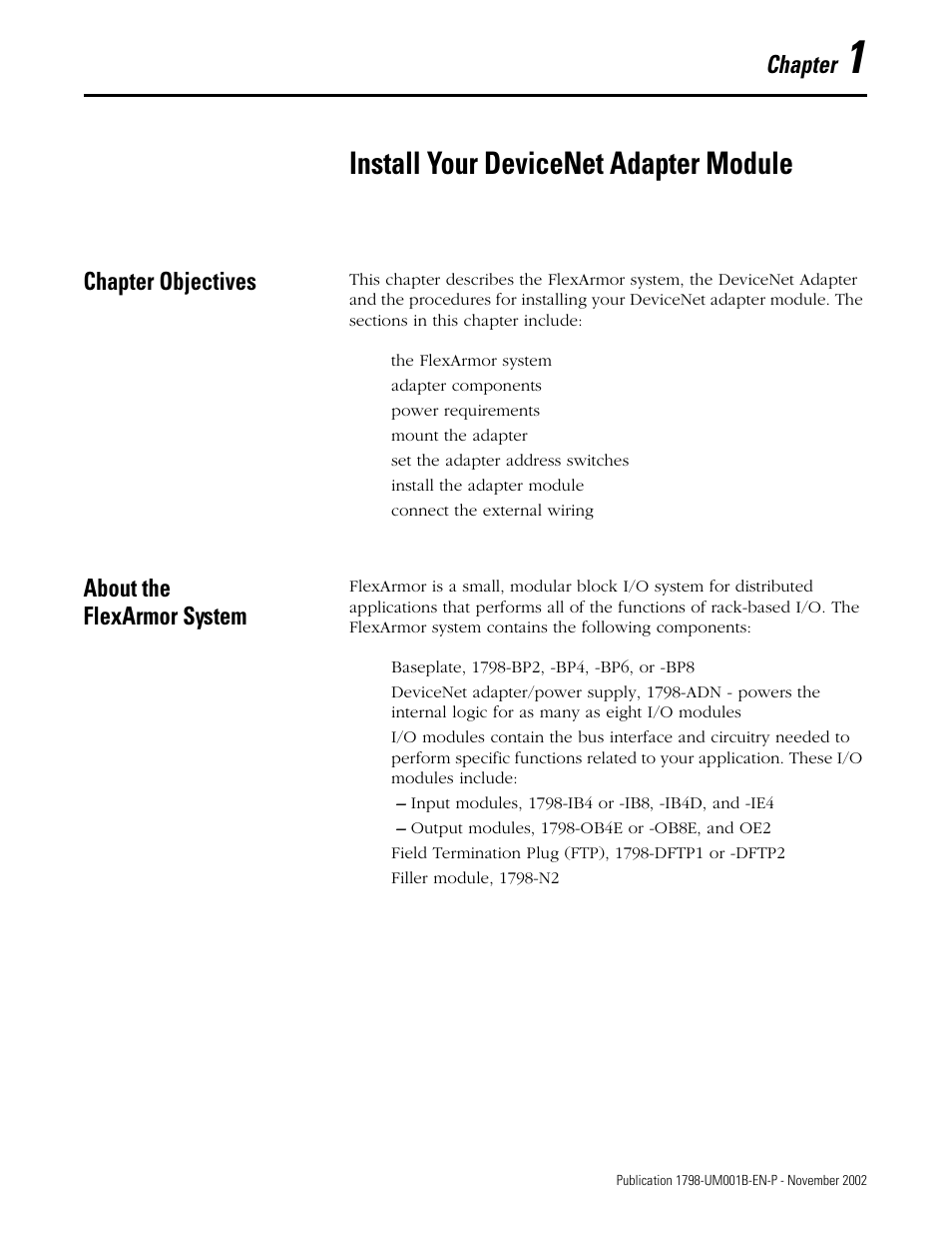 1 - install your devicenet adapter module, Chapter objectives, About the flexarmor system | Install your devicenet adapter module, Chapter | Rockwell Automation 1798-IB4 FlexArmor User Manual User Manual | Page 9 / 72