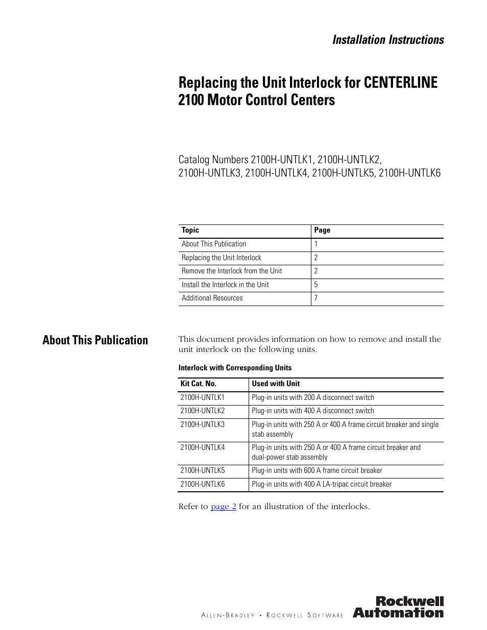 Rockwell Automation 2100H-UNTLKx Replacing the Unit Interlock for CENTERLINE 2100 Motor Control Centers User Manual | 8 pages