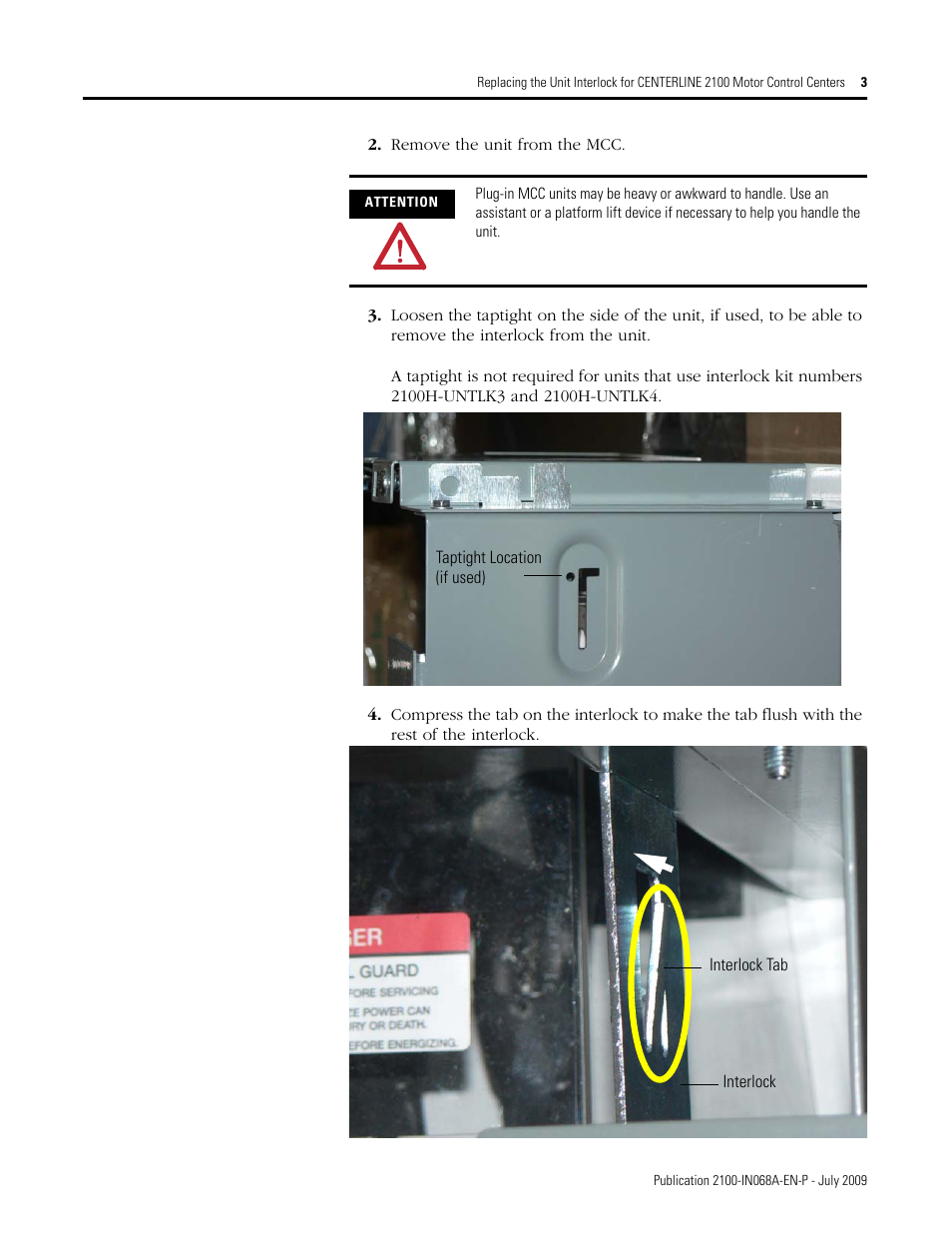 Rockwell Automation 2100H-UNTLKx Replacing the Unit Interlock for CENTERLINE 2100 Motor Control Centers User Manual | Page 3 / 8