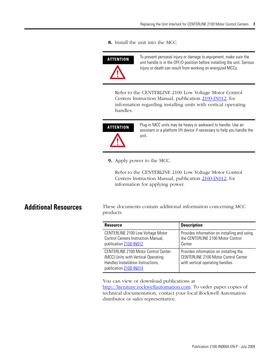 Additional resources | Rockwell Automation 2100H-UNTLKx Replacing the Unit Interlock for CENTERLINE 2100 Motor Control Centers User Manual | Page 7 / 8