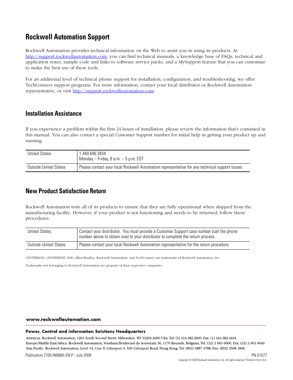 Back cover, Rockwell automation support, Installation assistance | New product satisfaction return | Rockwell Automation 2100H-UNTLKx Replacing the Unit Interlock for CENTERLINE 2100 Motor Control Centers User Manual | Page 8 / 8