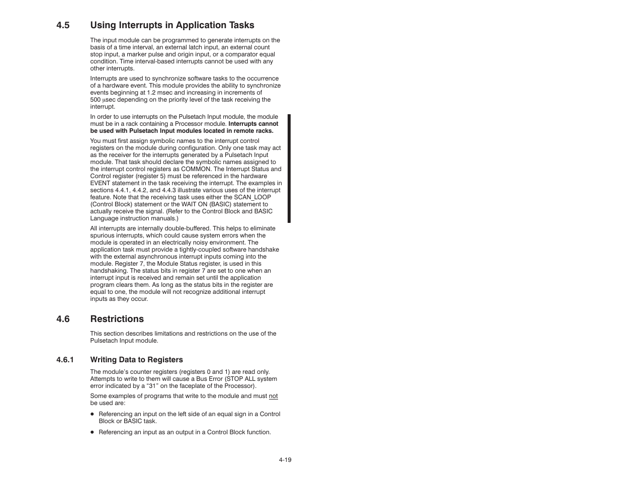 5 using interrupts in application tasks, 6 restrictions | Rockwell Automation 57C421B Pulsetach Input Module/DCS 5000/AutoMax User Manual | Page 41 / 70