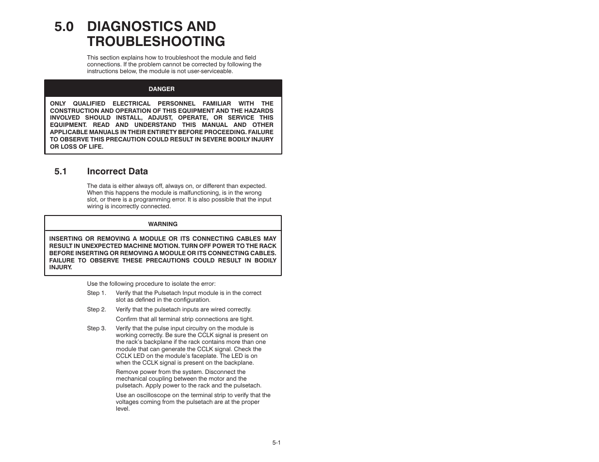 0 diagnostics and troubleshooting, 1 incorrect data | Rockwell Automation 57C421B Pulsetach Input Module/DCS 5000/AutoMax User Manual | Page 43 / 70