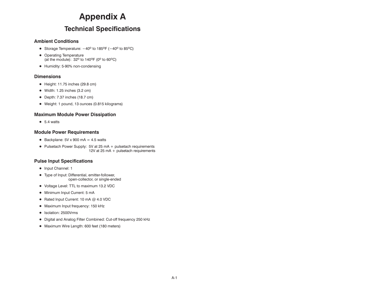 A technical specifications, Appendix a, Technical specifications | Rockwell Automation 57C421B Pulsetach Input Module/DCS 5000/AutoMax User Manual | Page 51 / 70