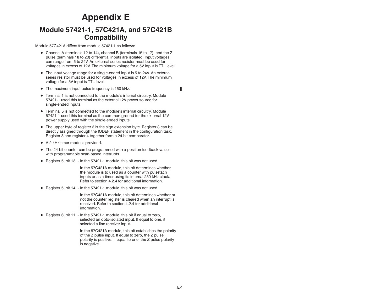 E module compatibility, Appendix e | Rockwell Automation 57C421B Pulsetach Input Module/DCS 5000/AutoMax User Manual | Page 59 / 70