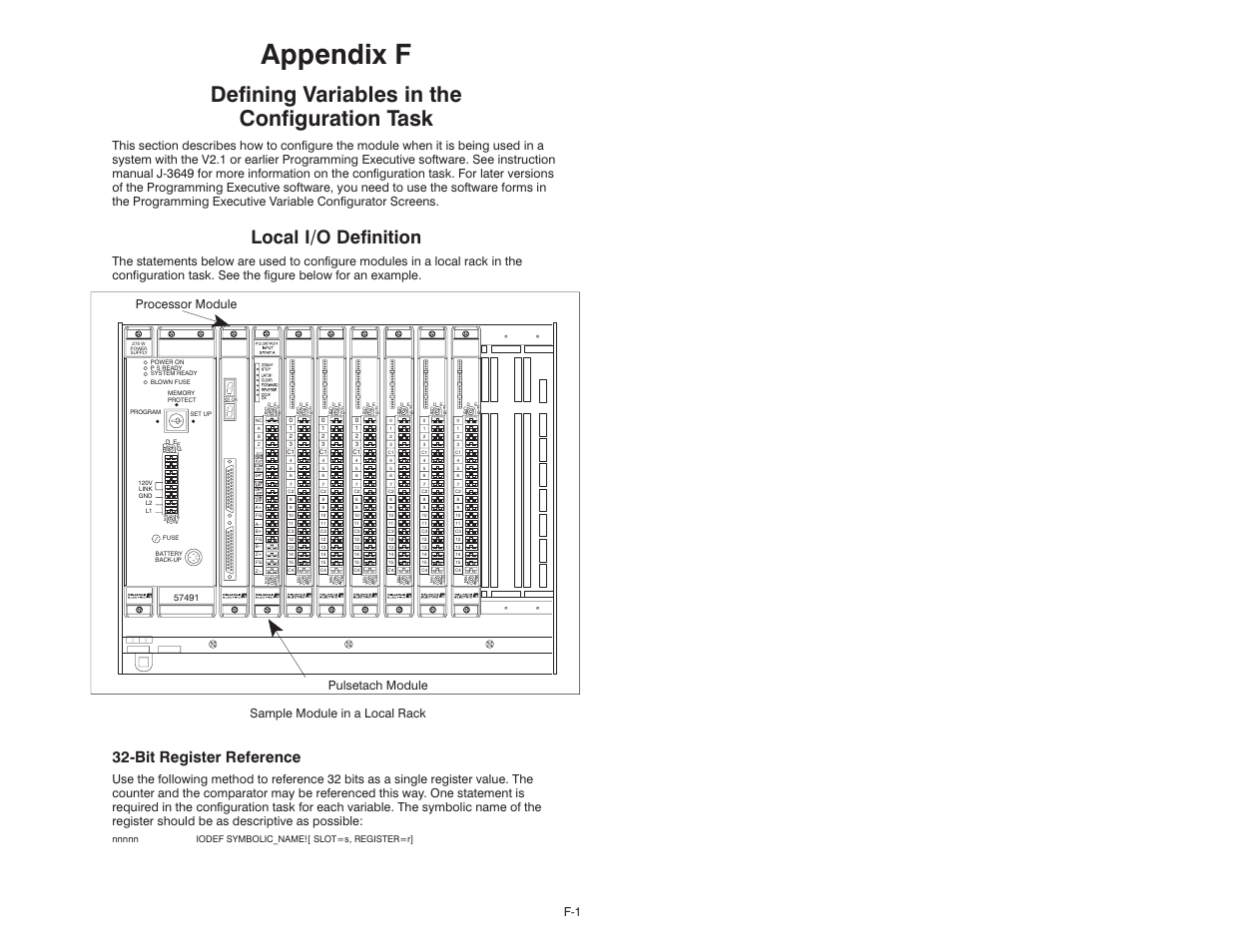 F defining variables in the configuration task, Appendix f, Defining variables in the configuration task | Local i/o definition, 32ćbitregister reference, Processor module pulsetach module, Sample module in a local rack | Rockwell Automation 57C421B Pulsetach Input Module/DCS 5000/AutoMax User Manual | Page 61 / 70