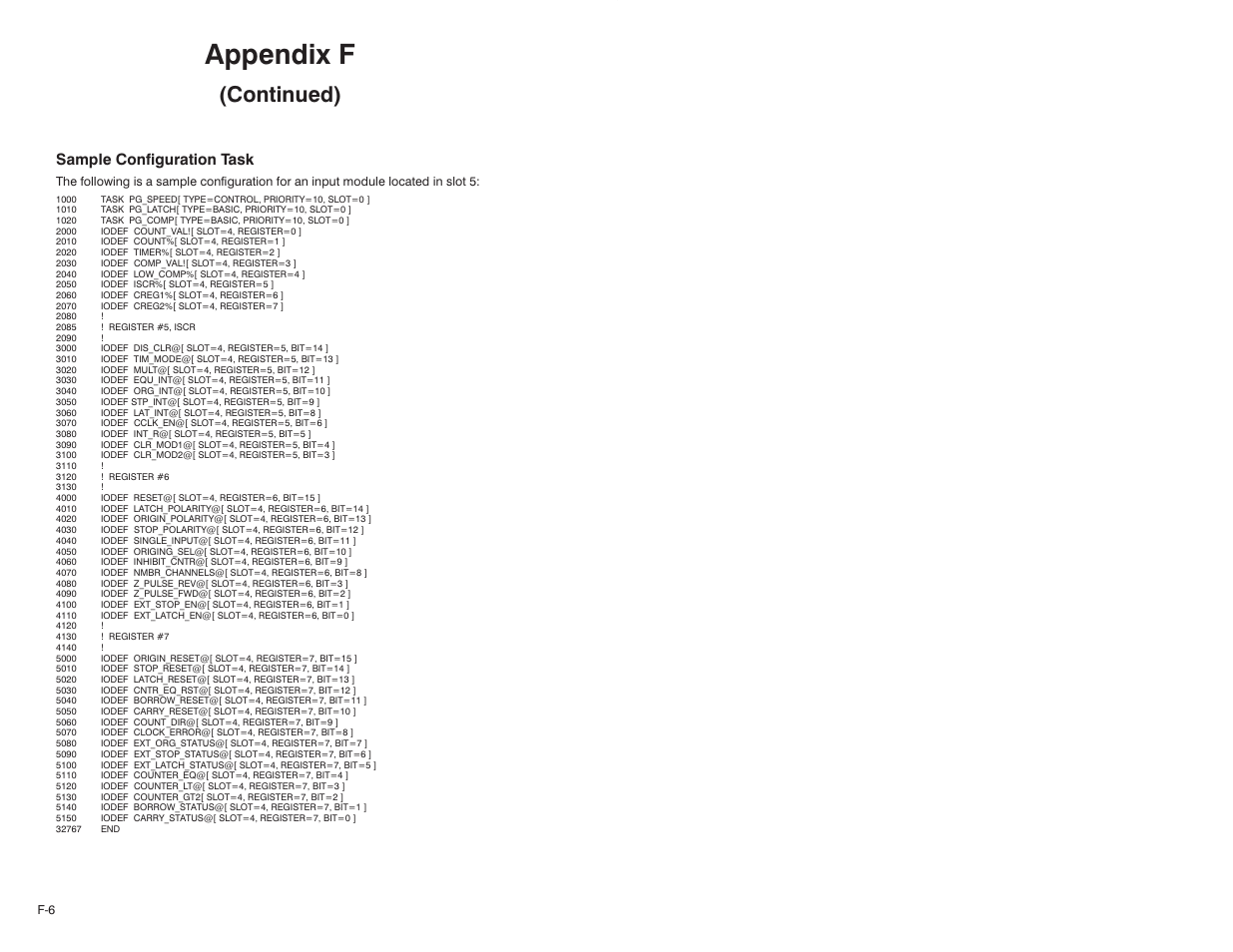 Appendix f, Continued), Sample configuration task | Rockwell Automation 57C421B Pulsetach Input Module/DCS 5000/AutoMax User Manual | Page 66 / 70