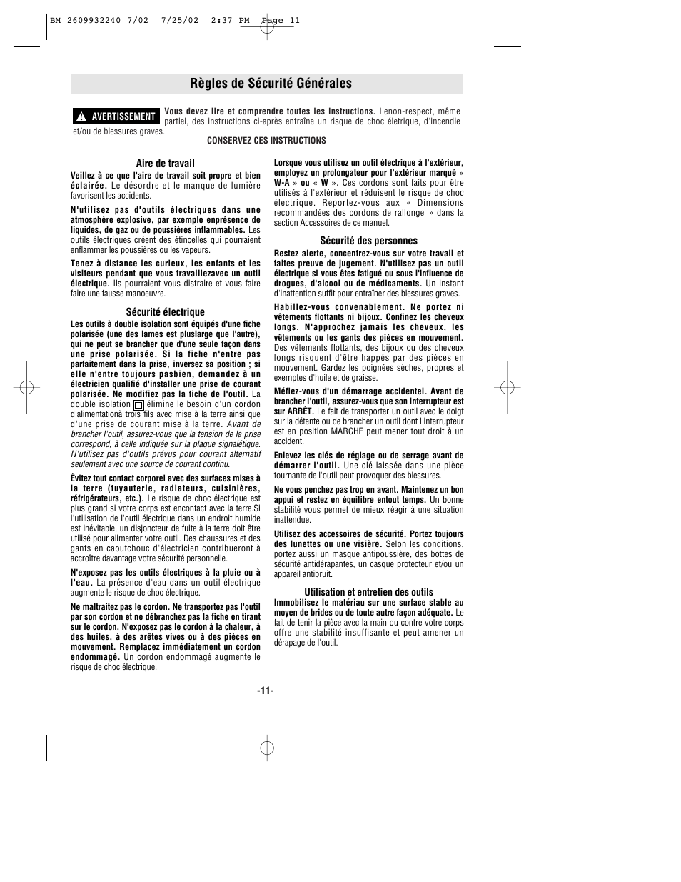 Règles de sécurité générales | Bosch 3107DVS User Manual | Page 11 / 32