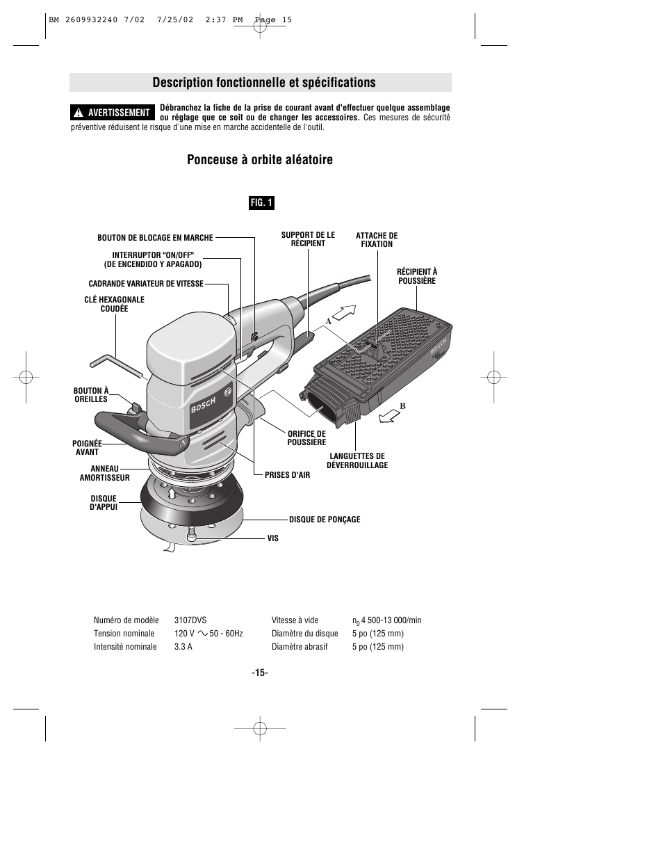 Description fonctionnelle et spécifications, Ponceuse à orbite aléatoire | Bosch 3107DVS User Manual | Page 15 / 32