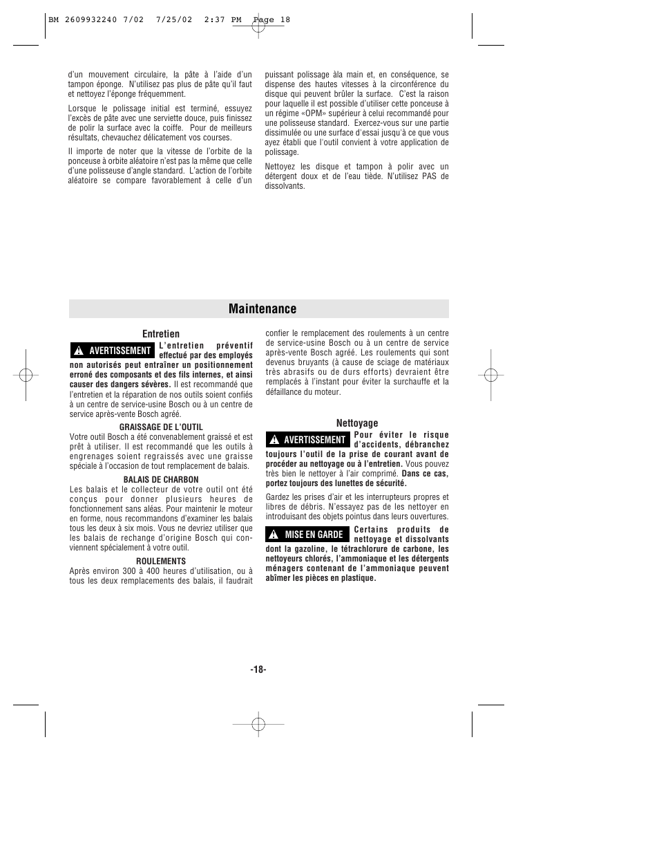 Maintenance | Bosch 3107DVS User Manual | Page 18 / 32