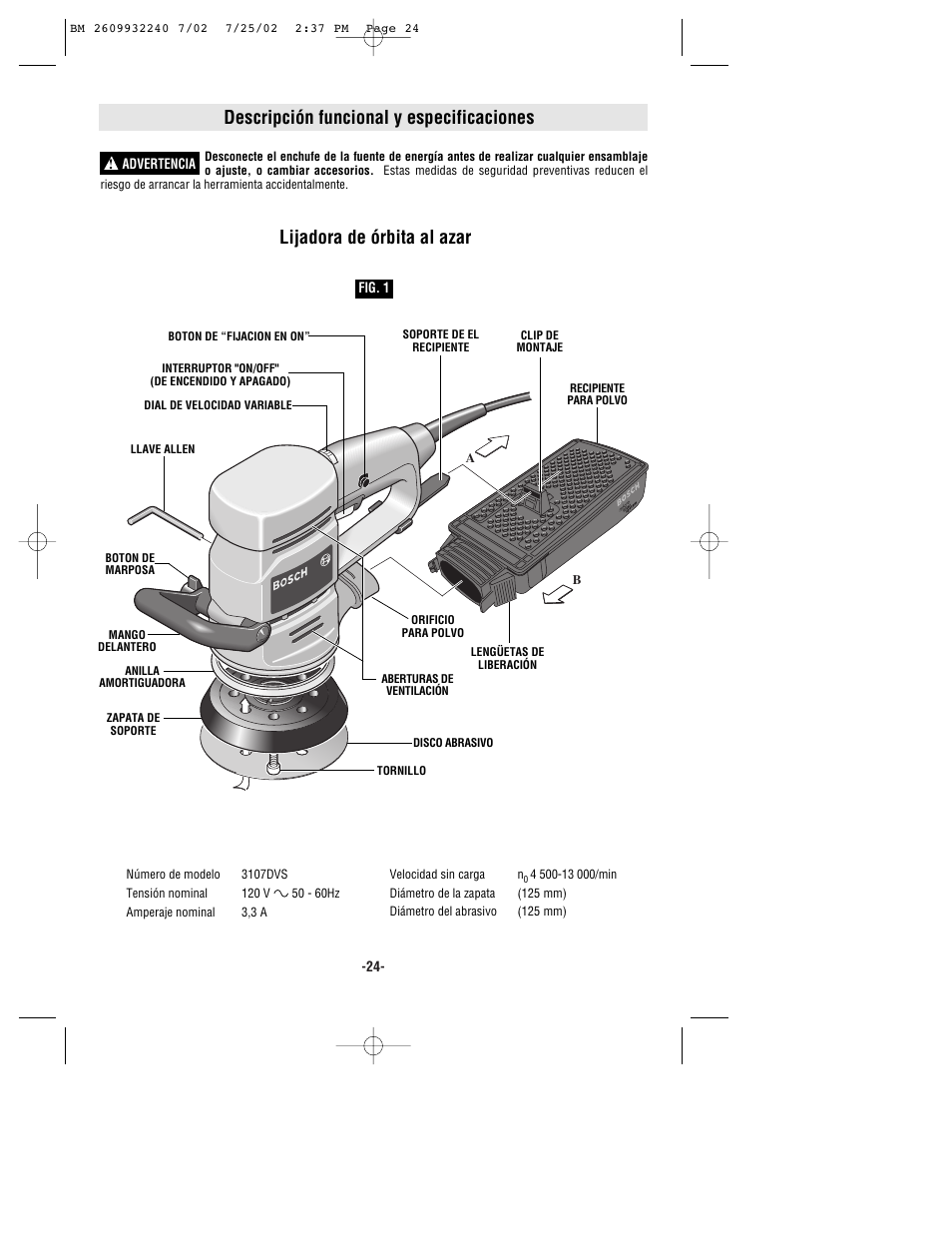 Descripción funcional y especificaciones, Lijadora de órbita al azar | Bosch 3107DVS User Manual | Page 24 / 32