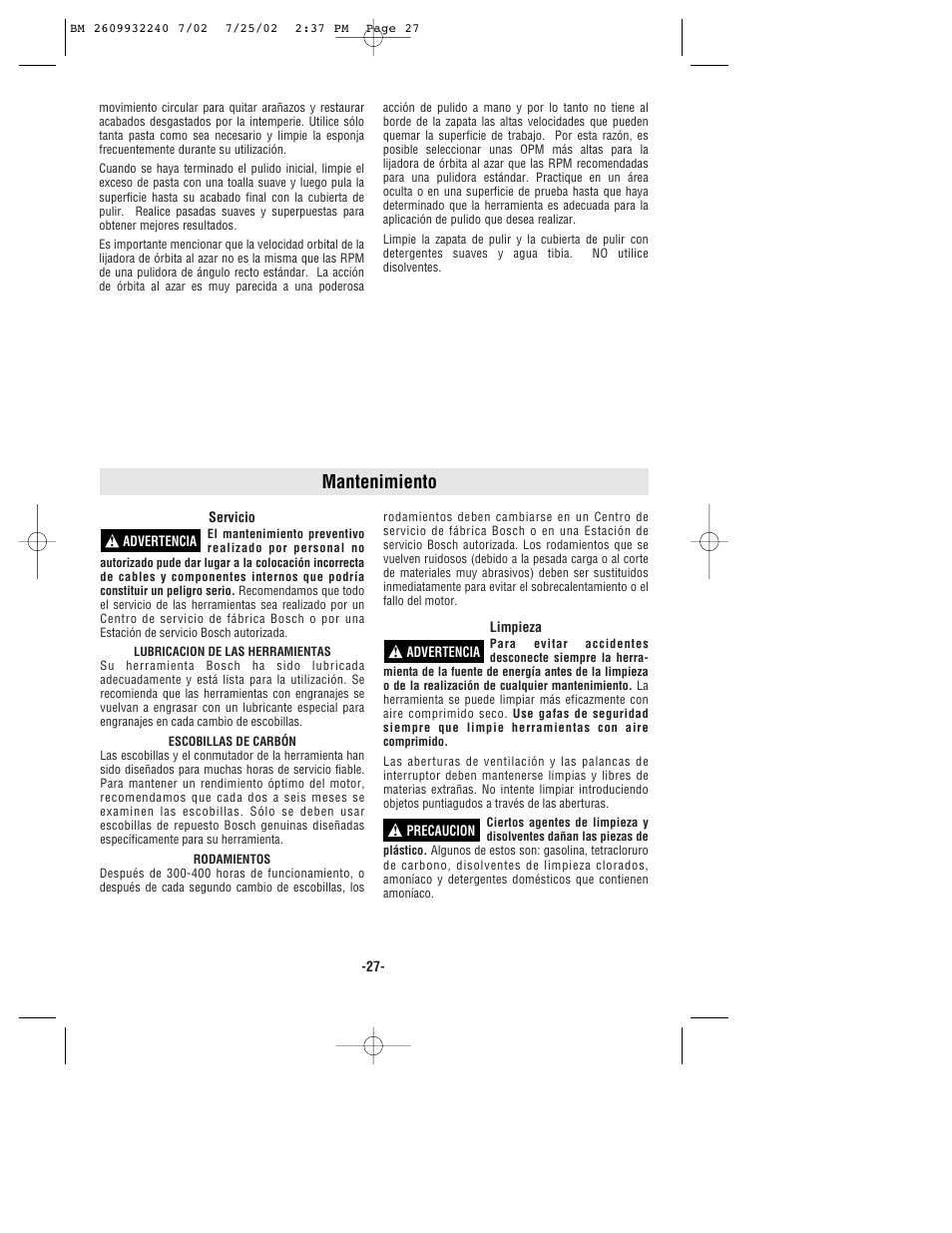 Mantenimiento | Bosch 3107DVS User Manual | Page 27 / 32