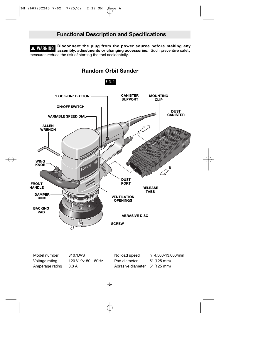 Functional description and specifications, Random orbit sander | Bosch 3107DVS User Manual | Page 6 / 32