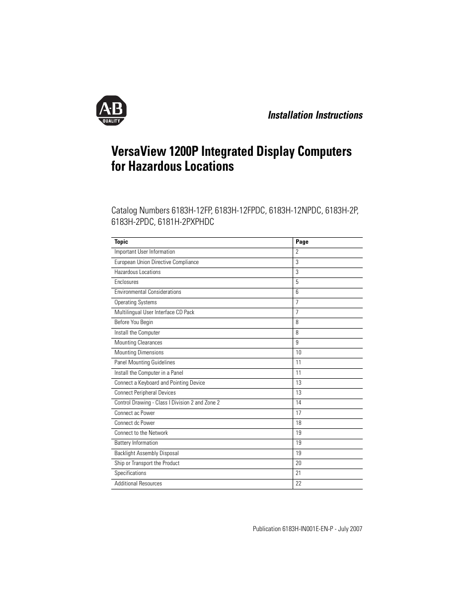 Rockwell Automation VersaView 1200P Integrated Display Computers for Hazardous Locations User Manual | 24 pages