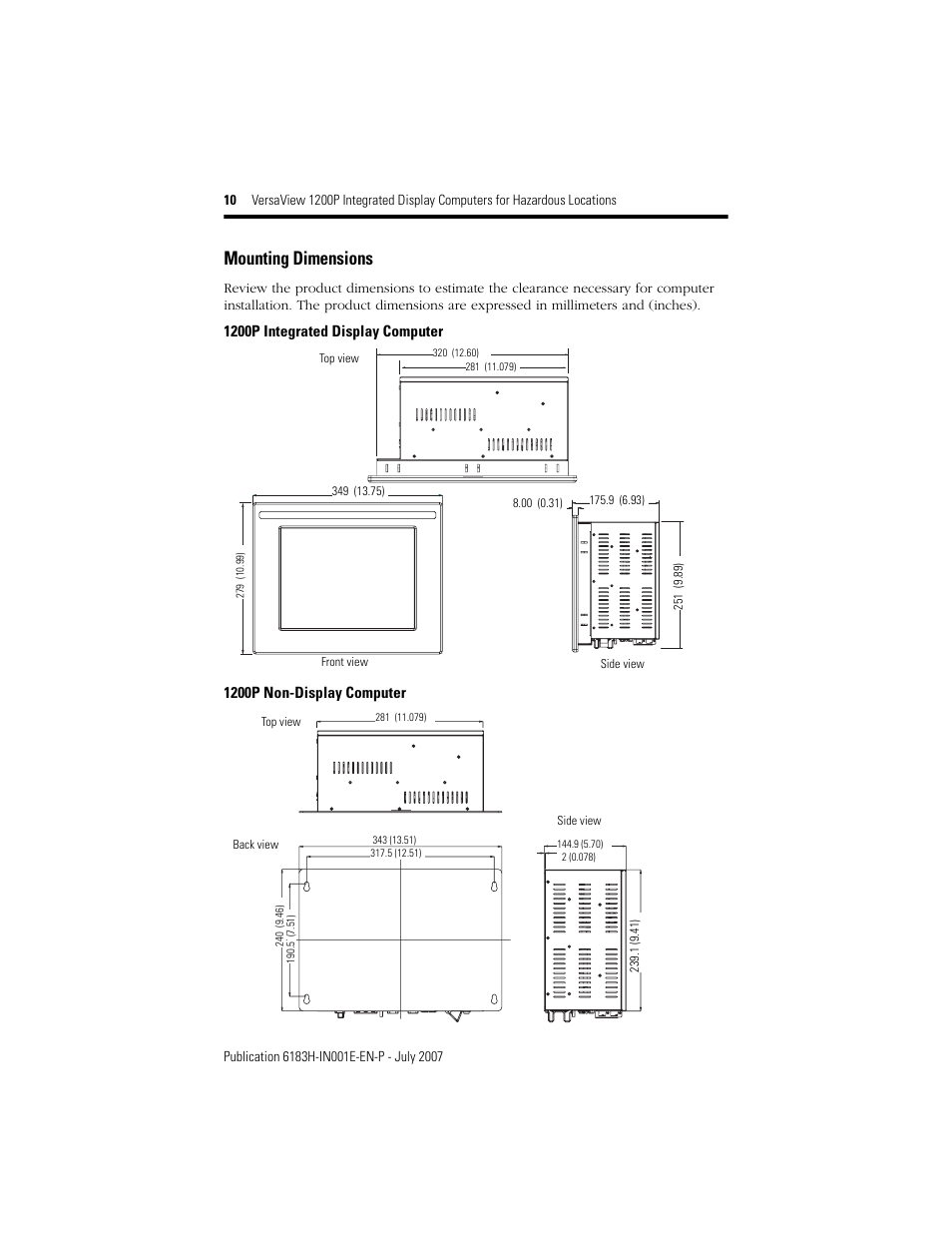 Mounting dimensions | Rockwell Automation VersaView 1200P Integrated Display Computers for Hazardous Locations User Manual | Page 10 / 24