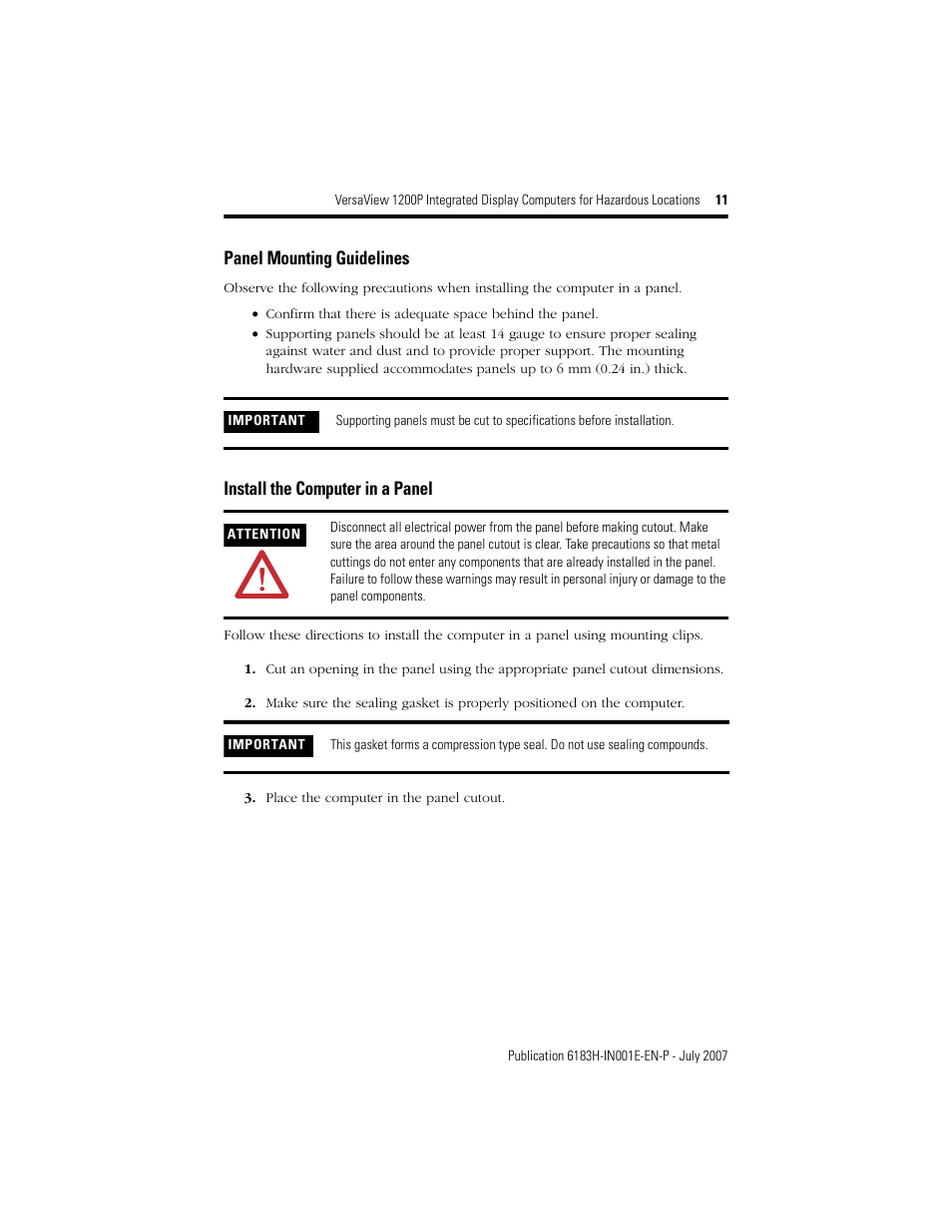 Panel mounting guidelines, Install the computer in a panel | Rockwell Automation VersaView 1200P Integrated Display Computers for Hazardous Locations User Manual | Page 11 / 24