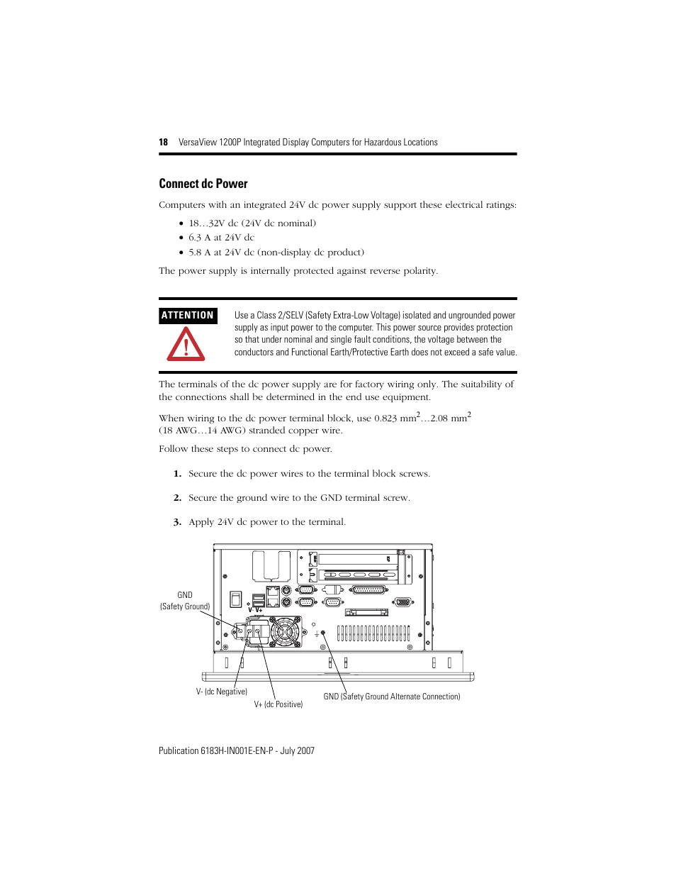 Connect dc power | Rockwell Automation VersaView 1200P Integrated Display Computers for Hazardous Locations User Manual | Page 18 / 24