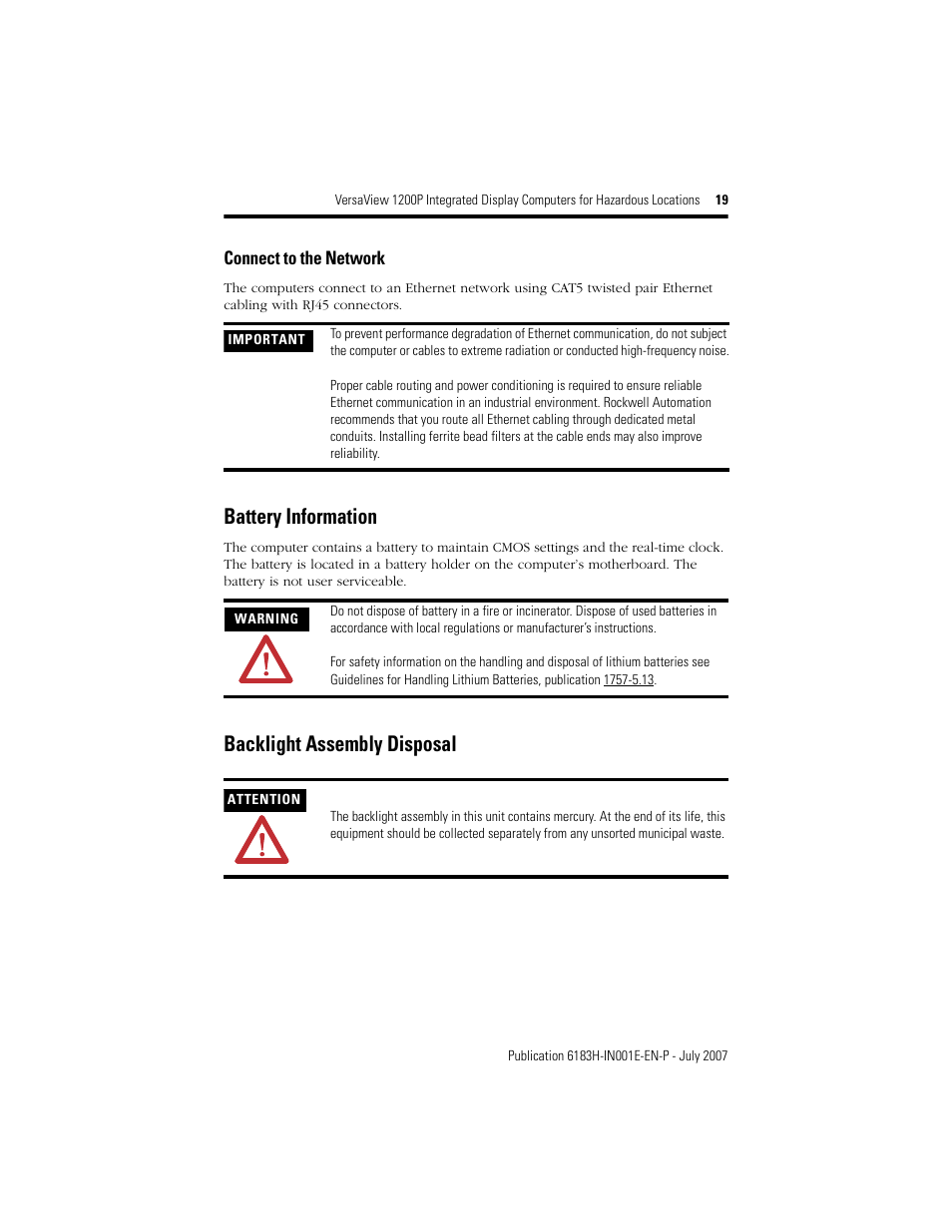 Connect to the network, Battery information, Backlight assembly disposal | Rockwell Automation VersaView 1200P Integrated Display Computers for Hazardous Locations User Manual | Page 19 / 24