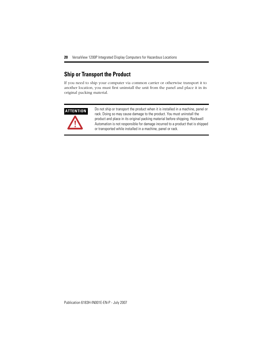 Ship or transport the product | Rockwell Automation VersaView 1200P Integrated Display Computers for Hazardous Locations User Manual | Page 20 / 24