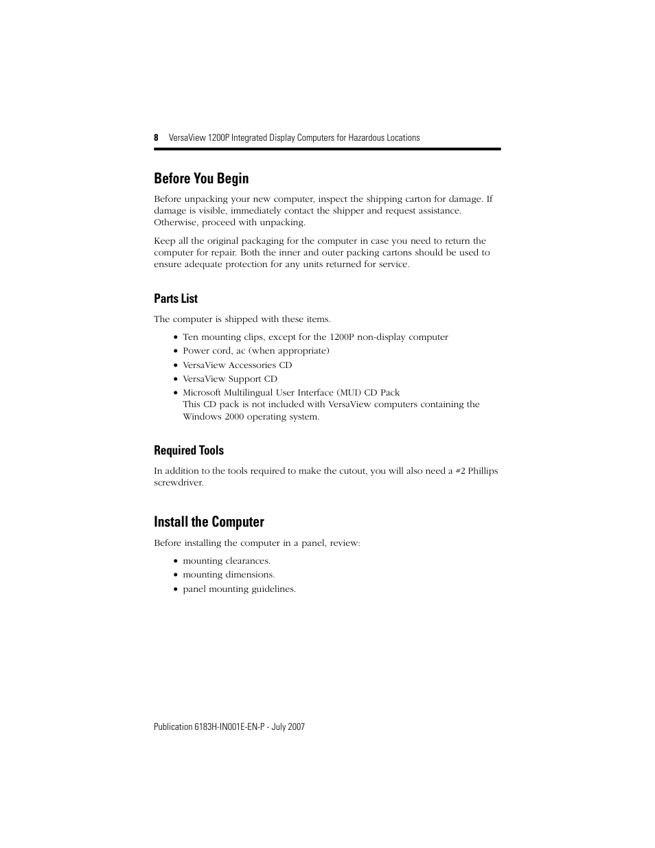 Before you begin, Parts list, Required tools | Install the computer | Rockwell Automation VersaView 1200P Integrated Display Computers for Hazardous Locations User Manual | Page 8 / 24