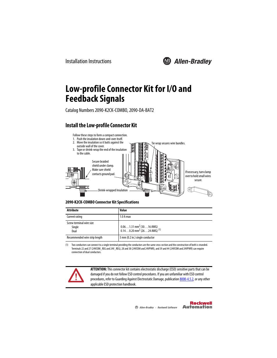 Rockwell Automation 2090-DA-BAT2 Low-profile Connector Kit for I/O and Feedback Installation Instructions User Manual | 4 pages