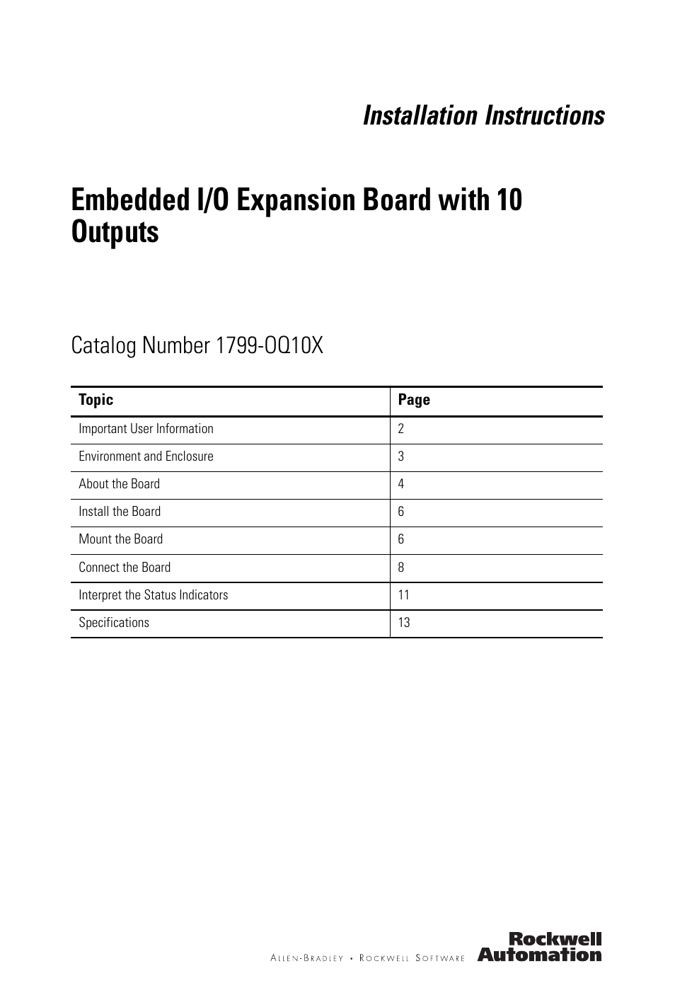 Rockwell Automation 1799-OQ10X Embedded I/O Expansion Board with 10 Outputs User Manual | 16 pages