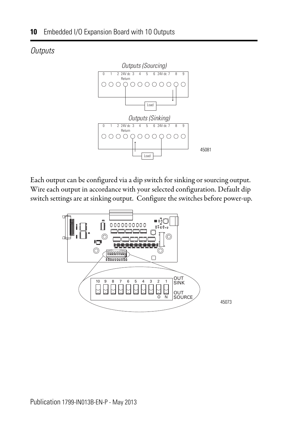 Outputs, Outputs (sourcing), Outputs (sinking) | Rockwell Automation 1799-OQ10X Embedded I/O Expansion Board with 10 Outputs User Manual | Page 10 / 16
