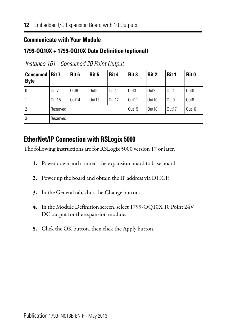 Communicate with your module, Ethernet/ip connection with rslogix 5000 | Rockwell Automation 1799-OQ10X Embedded I/O Expansion Board with 10 Outputs User Manual | Page 12 / 16