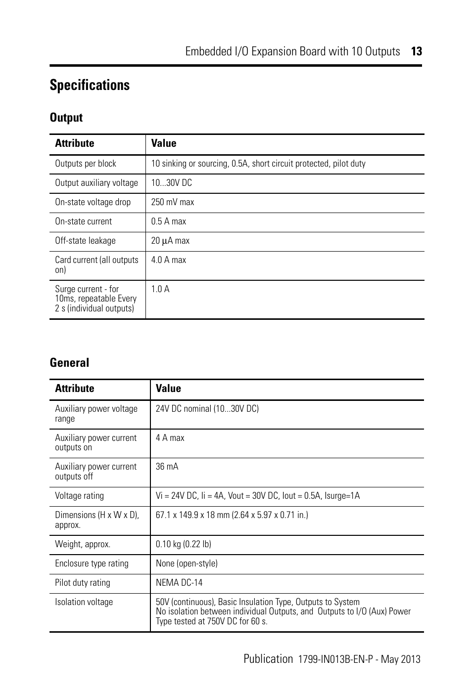 Specifications, Output, General | Rockwell Automation 1799-OQ10X Embedded I/O Expansion Board with 10 Outputs User Manual | Page 13 / 16