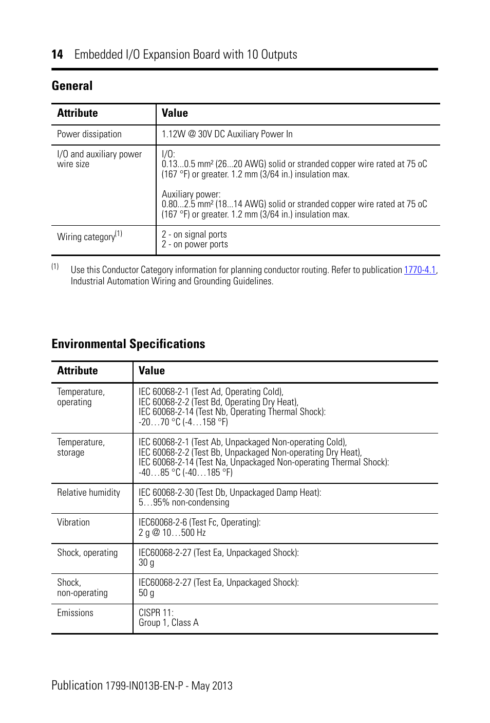 Environmental specifications, General | Rockwell Automation 1799-OQ10X Embedded I/O Expansion Board with 10 Outputs User Manual | Page 14 / 16