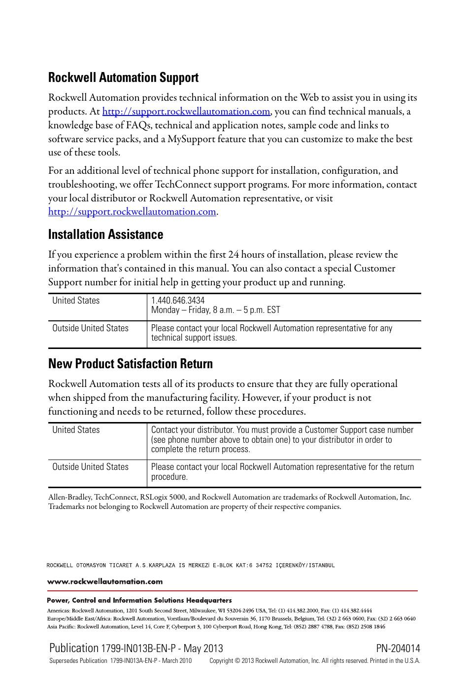 Back cover, Rockwell automation support, Installation assistance | New product satisfaction return, Publication | Rockwell Automation 1799-OQ10X Embedded I/O Expansion Board with 10 Outputs User Manual | Page 16 / 16