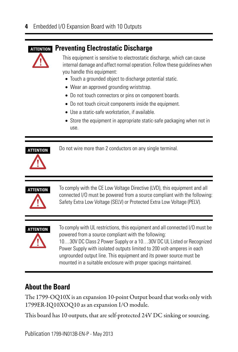 Preventing electrostatic discharge, About the board | Rockwell Automation 1799-OQ10X Embedded I/O Expansion Board with 10 Outputs User Manual | Page 4 / 16