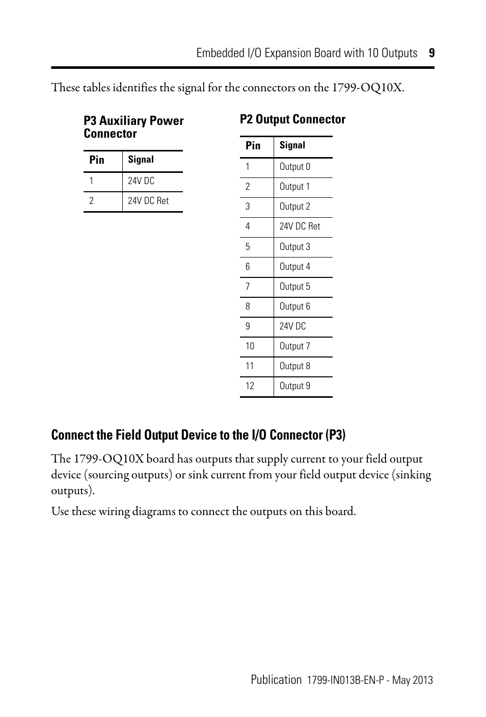 P2 output connector | Rockwell Automation 1799-OQ10X Embedded I/O Expansion Board with 10 Outputs User Manual | Page 9 / 16