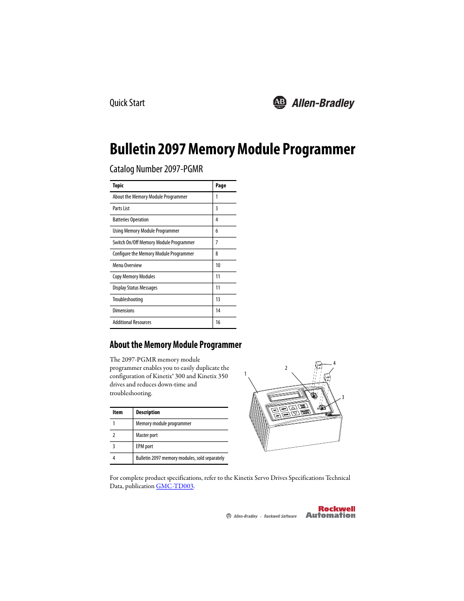 Rockwell Automation 2097-PGMR Memory Module Programmer Quick Start User Manual | 16 pages