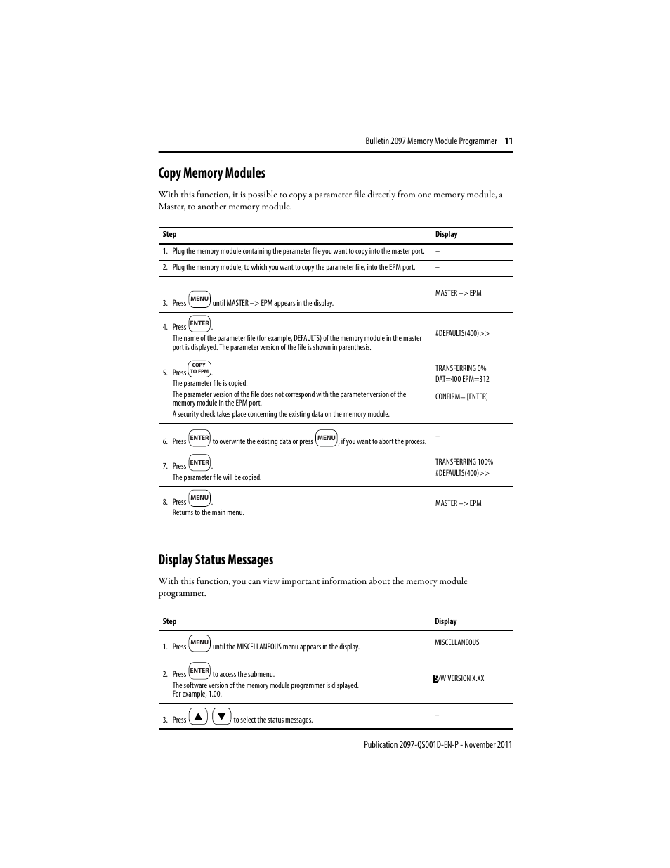 Copy memory modules, Display status messages | Rockwell Automation 2097-PGMR Memory Module Programmer Quick Start User Manual | Page 11 / 16