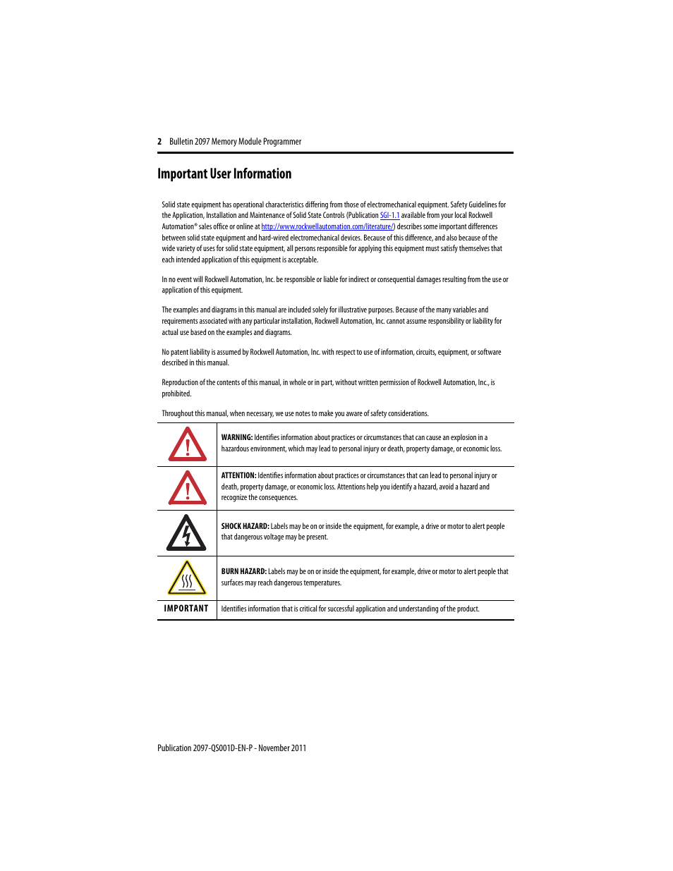 Important user information | Rockwell Automation 2097-PGMR Memory Module Programmer Quick Start User Manual | Page 2 / 16