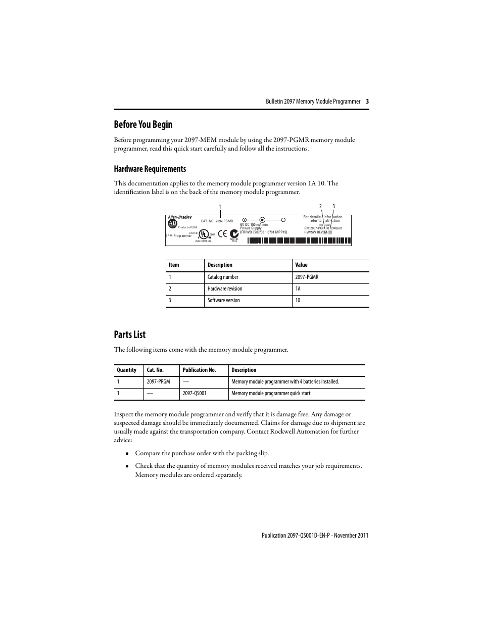 Before you begin, Hardware requirements, Parts list | Rockwell Automation 2097-PGMR Memory Module Programmer Quick Start User Manual | Page 3 / 16