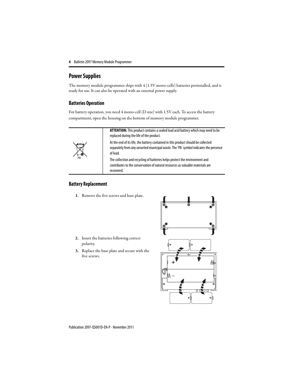 Power supplies, Batteries operation, Battery replacement | Rockwell Automation 2097-PGMR Memory Module Programmer Quick Start User Manual | Page 4 / 16