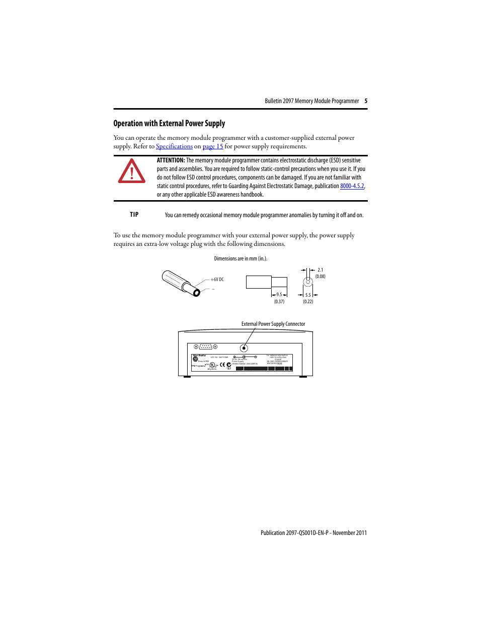 Operation with external power supply | Rockwell Automation 2097-PGMR Memory Module Programmer Quick Start User Manual | Page 5 / 16